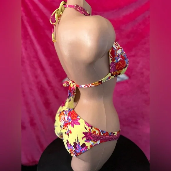 Betsey Johnson yellow pink Chez rose bikini swimsuit bottoms vintage retro pinup